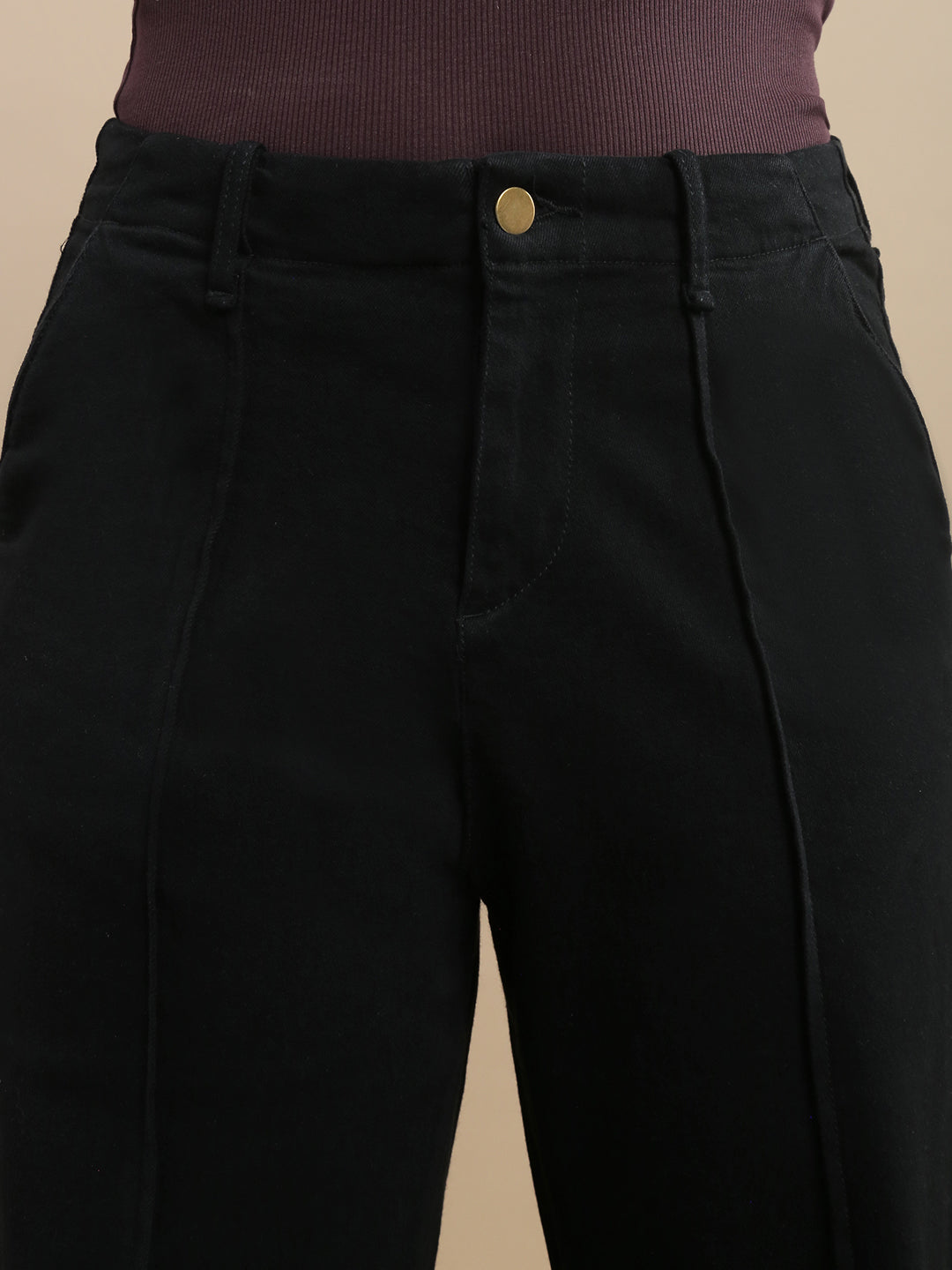 Womens Straight Fit High Stretch Cotton Solid Casual Pants- Black
