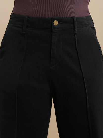 Womens Straight Fit High Stretch Cotton Solid Casual Pants- Black