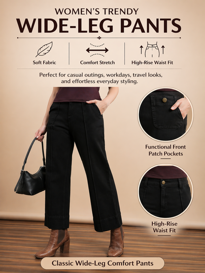 Womens Straight Fit High Stretch Cotton Solid Casual Pants- Black