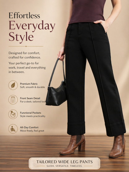 Womens Straight Fit High Stretch Cotton Solid Casual Pants- Black