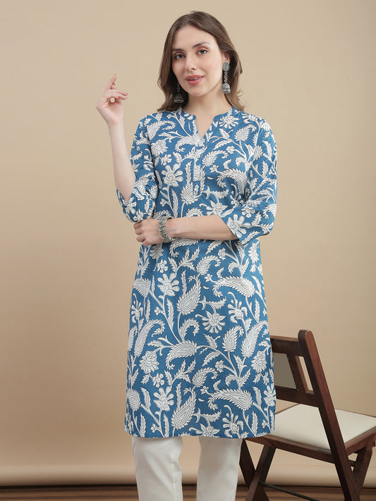 Womens Woven Paisley Print Kurta Mandarin Collar 3/4 Sleeves Regular Fit- Sky Blu