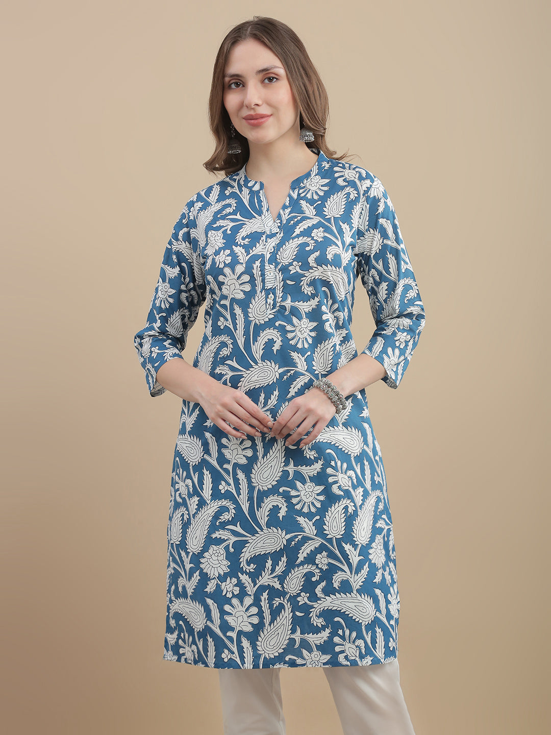 Womens Woven Paisley Print Kurta Mandarin Collar 3/4 Sleeves Regular Fit- Sky Blu