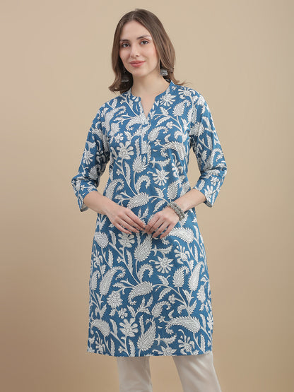 Womens Woven Paisley Print Kurta Mandarin Collar 3/4 Sleeves Regular Fit- Sky Blu