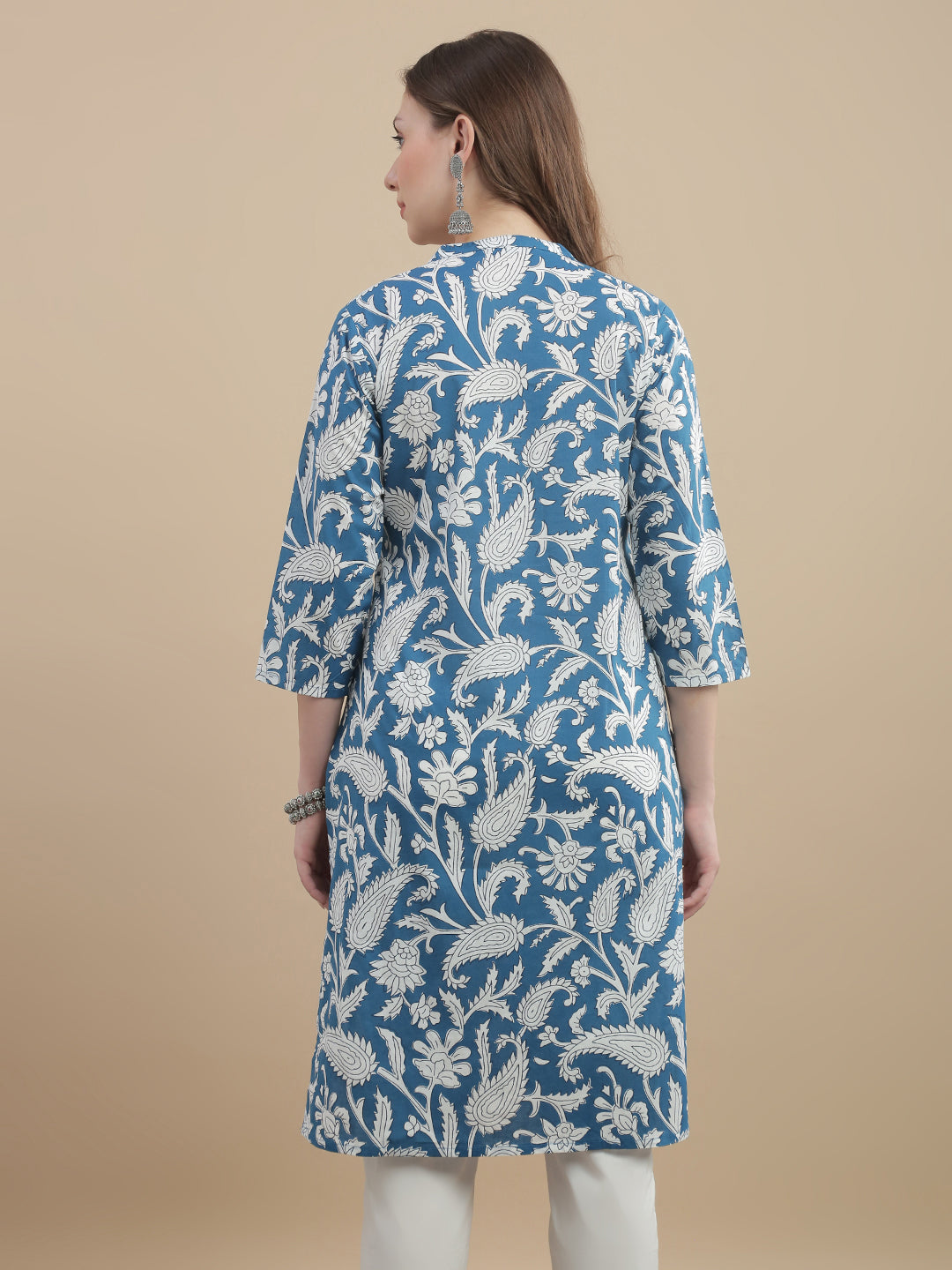 Womens Woven Paisley Print Kurta Mandarin Collar 3/4 Sleeves Regular Fit- Sky Blu