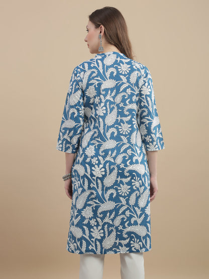 Womens Woven Paisley Print Kurta Mandarin Collar 3/4 Sleeves Regular Fit- Sky Blu