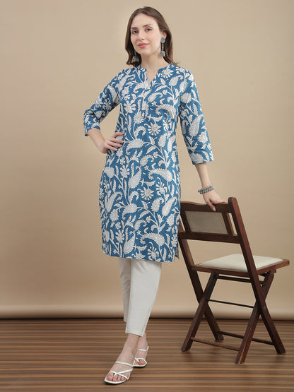 Womens Woven Paisley Print Kurta Mandarin Collar 3/4 Sleeves Regular Fit- Sky Blu