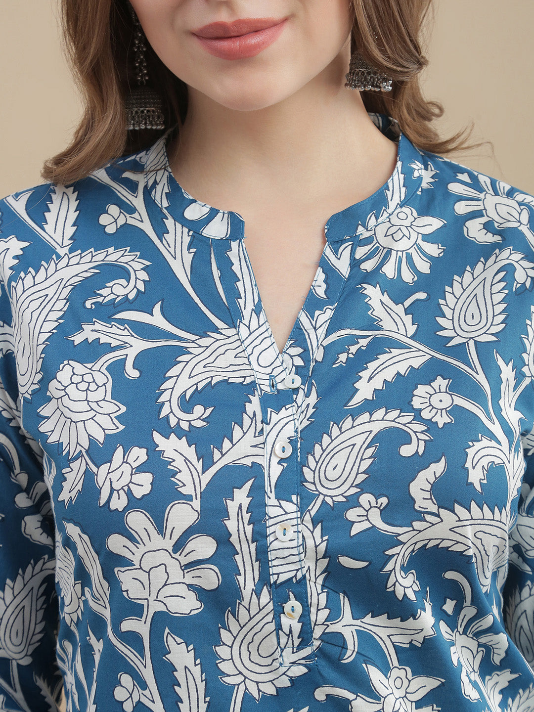 Womens Woven Paisley Print Kurta Mandarin Collar 3/4 Sleeves Regular Fit- Sky Blu