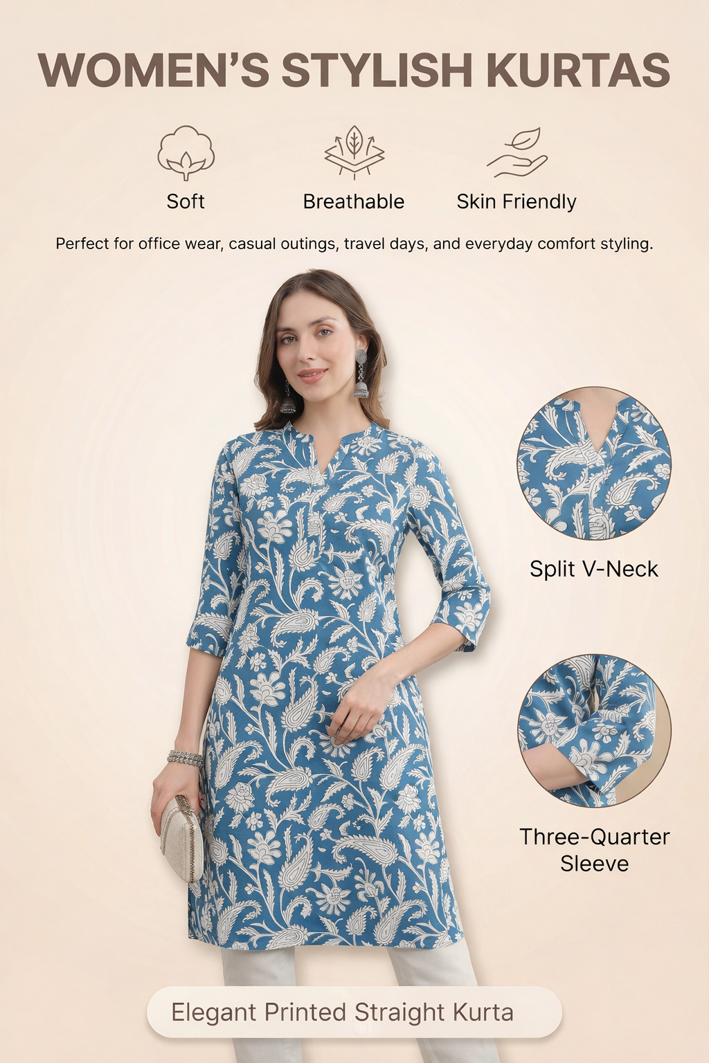 Womens Woven Paisley Print Kurta Mandarin Collar 3/4 Sleeves Regular Fit- Sky Blu