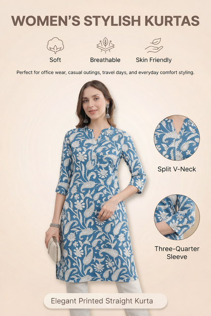 Womens Woven Paisley Print Kurta Mandarin Collar 3/4 Sleeves Regular Fit- Sky Blu