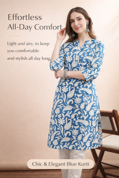 Womens Woven Paisley Print Kurta Mandarin Collar 3/4 Sleeves Regular Fit- Sky Blu