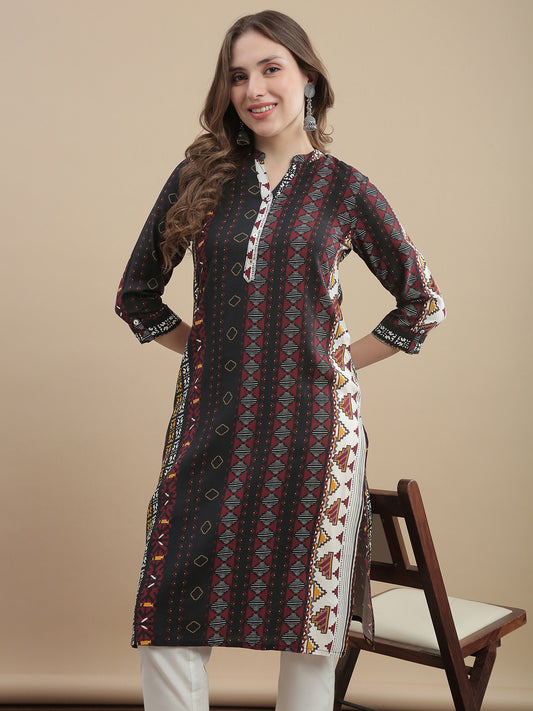 Womens Geometric Print Kurta Woven Fabric Mandarin Collar 3/4 Sleeves Regular Fit - Black