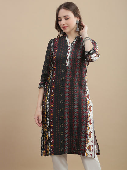 Womens Geometric Print Kurta Woven Fabric Mandarin Collar 3/4 Sleeves Regular Fit - Black