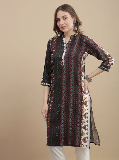 Womens Geometric Print Kurta Woven Fabric Mandarin Collar 3/4 Sleeves Regular Fit - Black