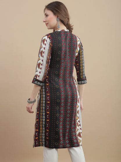 Womens Geometric Print Kurta Woven Fabric Mandarin Collar 3/4 Sleeves Regular Fit - Black