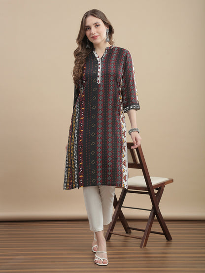 Womens Geometric Print Kurta Woven Fabric Mandarin Collar 3/4 Sleeves Regular Fit - Black