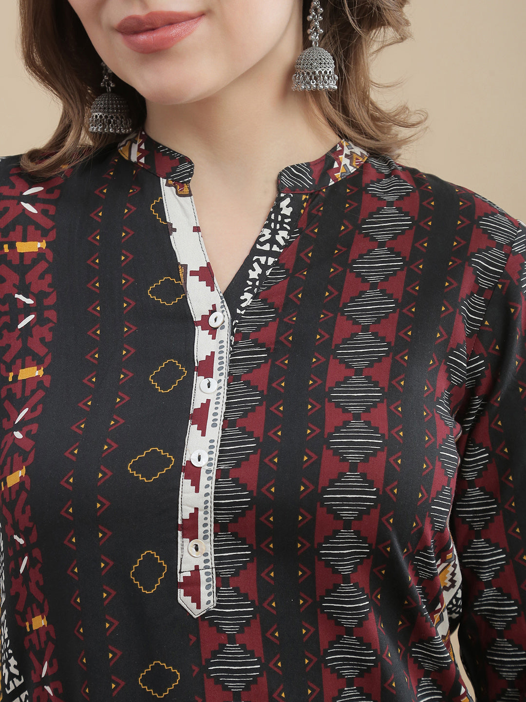 Womens Geometric Print Kurta Woven Fabric Mandarin Collar 3/4 Sleeves Regular Fit - Black