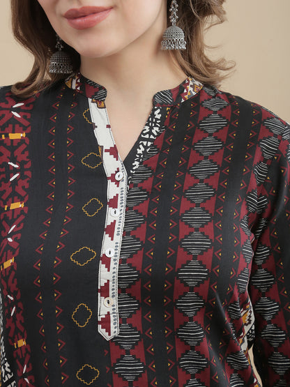 Womens Geometric Print Kurta Woven Fabric Mandarin Collar 3/4 Sleeves Regular Fit - Black