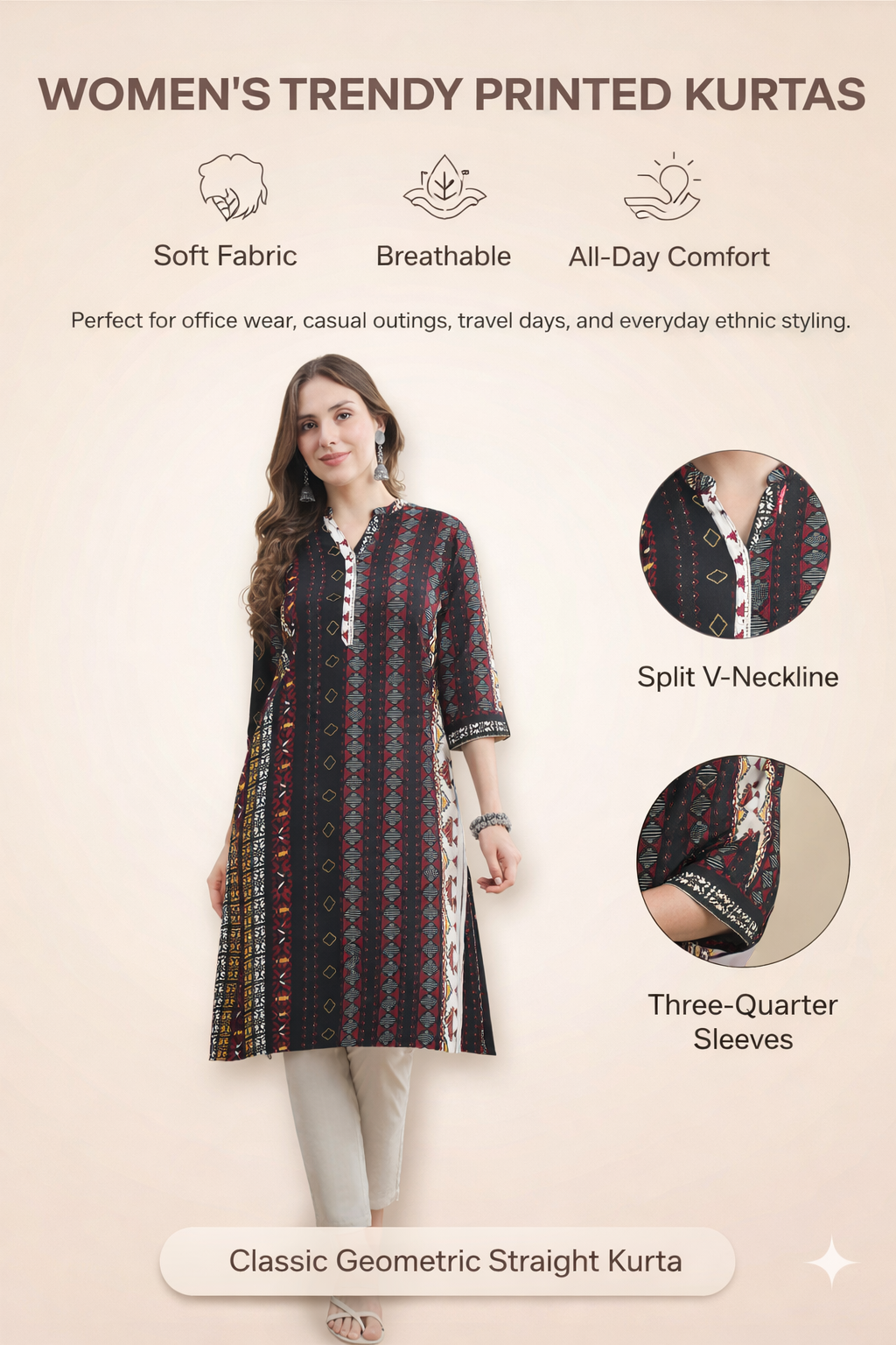 Womens Geometric Print Kurta Woven Fabric Mandarin Collar 3/4 Sleeves Regular Fit - Black