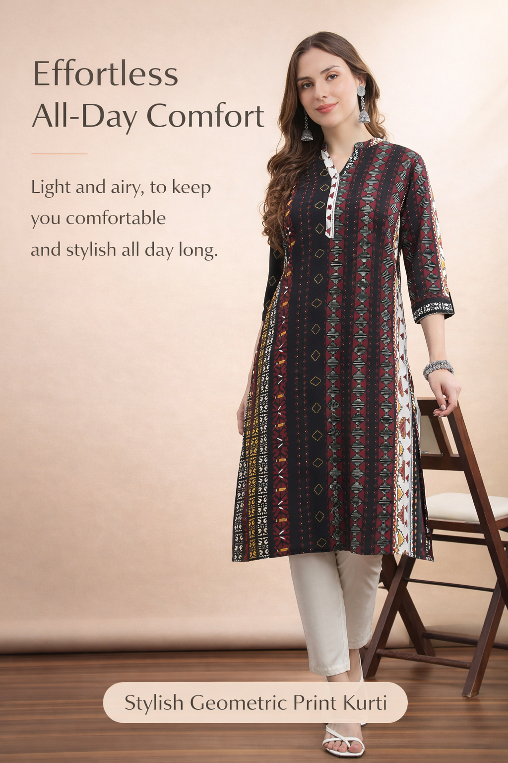 Womens Geometric Print Kurta Woven Fabric Mandarin Collar 3/4 Sleeves Regular Fit - Black