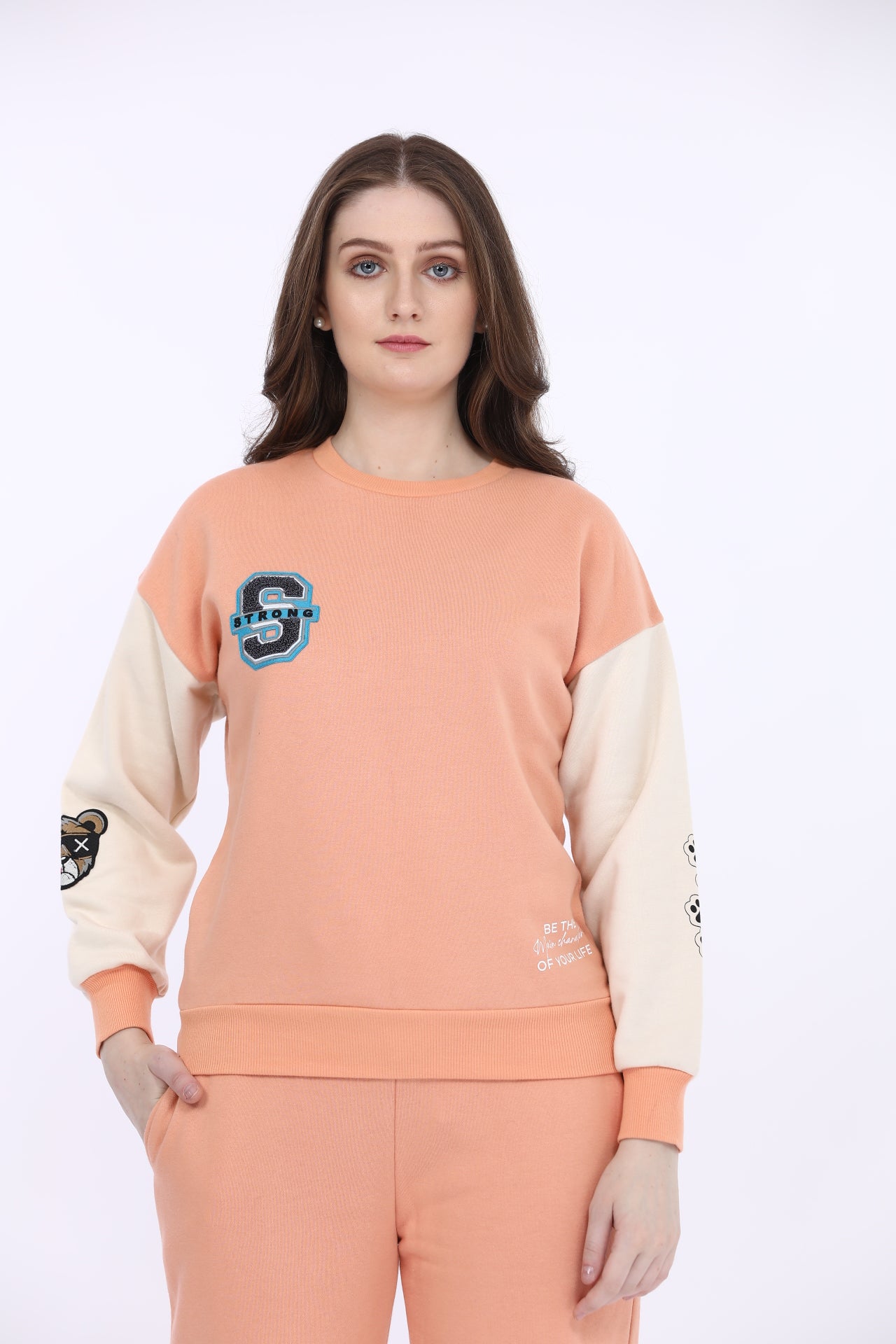 Maysixty® Women Fleece Peach Printed Full Sleeve Sweat Shirt