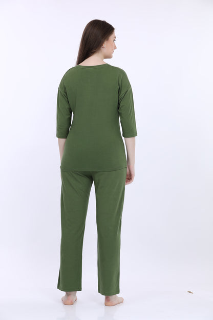 Maysixty® Women Cotton Spandex Green Solid 3/Th Sleeve Fashion Co-Ord Set