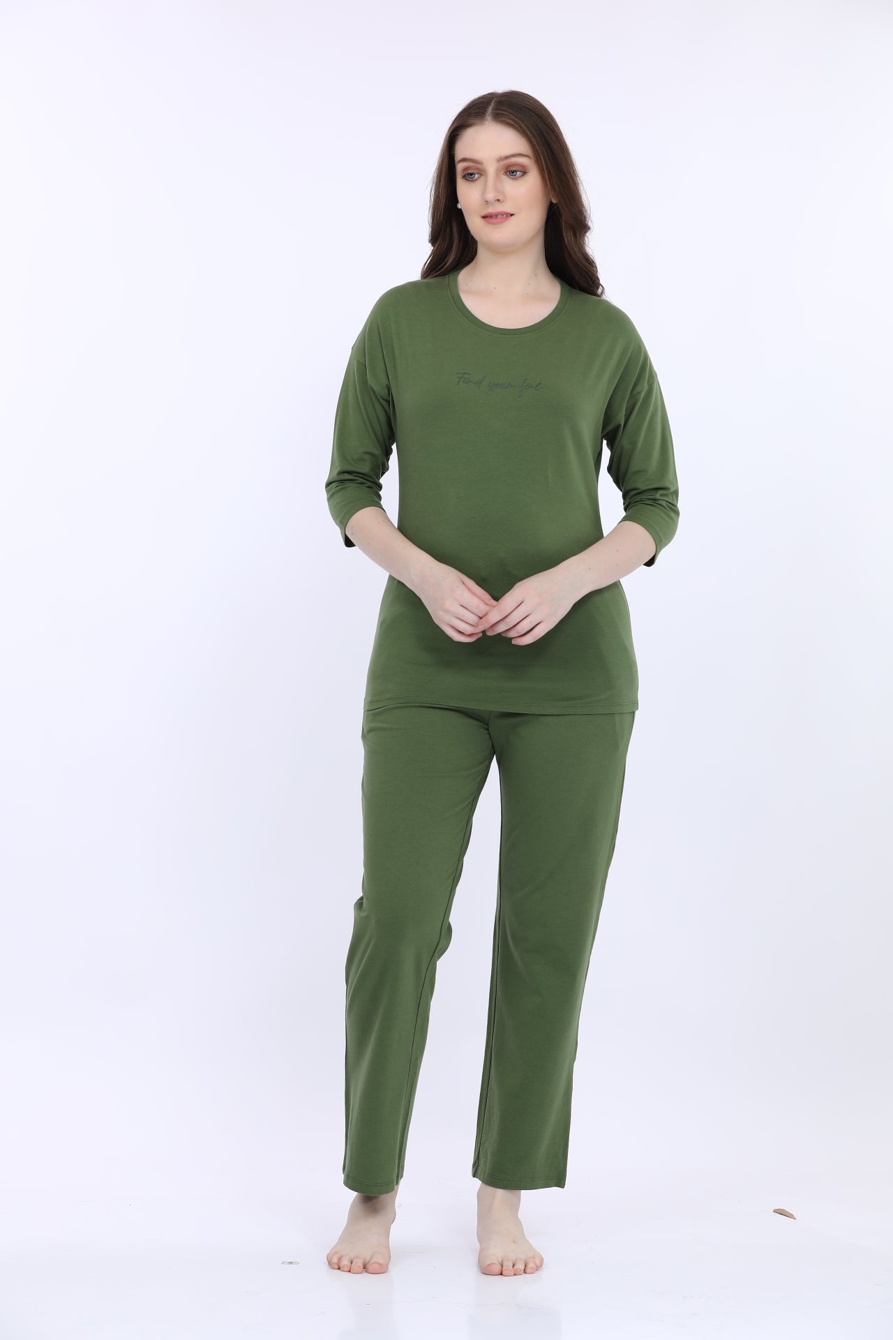 Maysixty® Women Cotton Spandex Green Solid 3/Th Sleeve Fashion Co-Ord Set