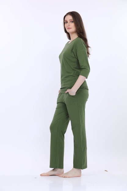 Maysixty® Women Cotton Spandex Green Solid 3/Th Sleeve Fashion Co-Ord Set