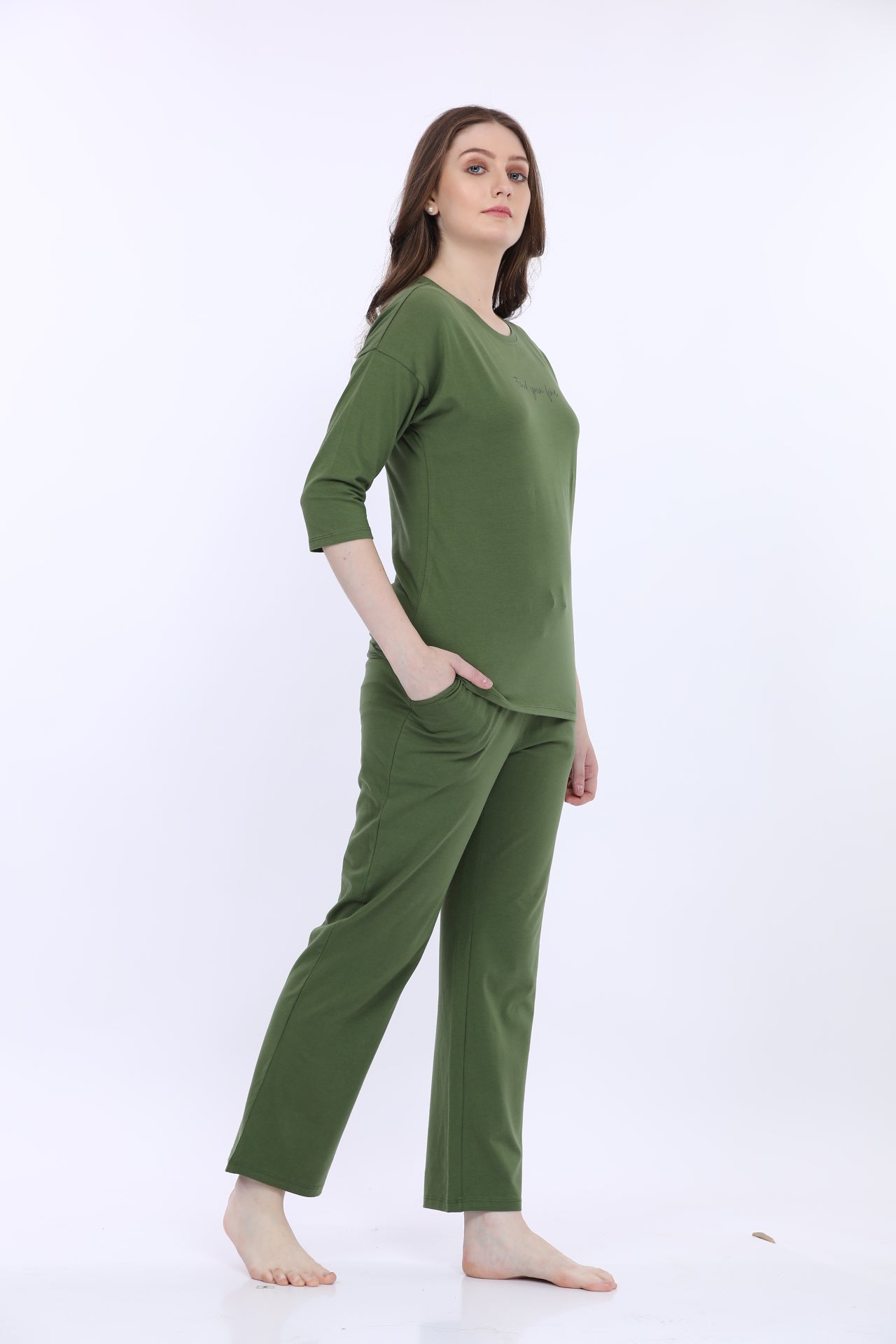 Maysixty® Women Cotton Spandex Green Solid 3/Th Sleeve Fashion Co-Ord Set