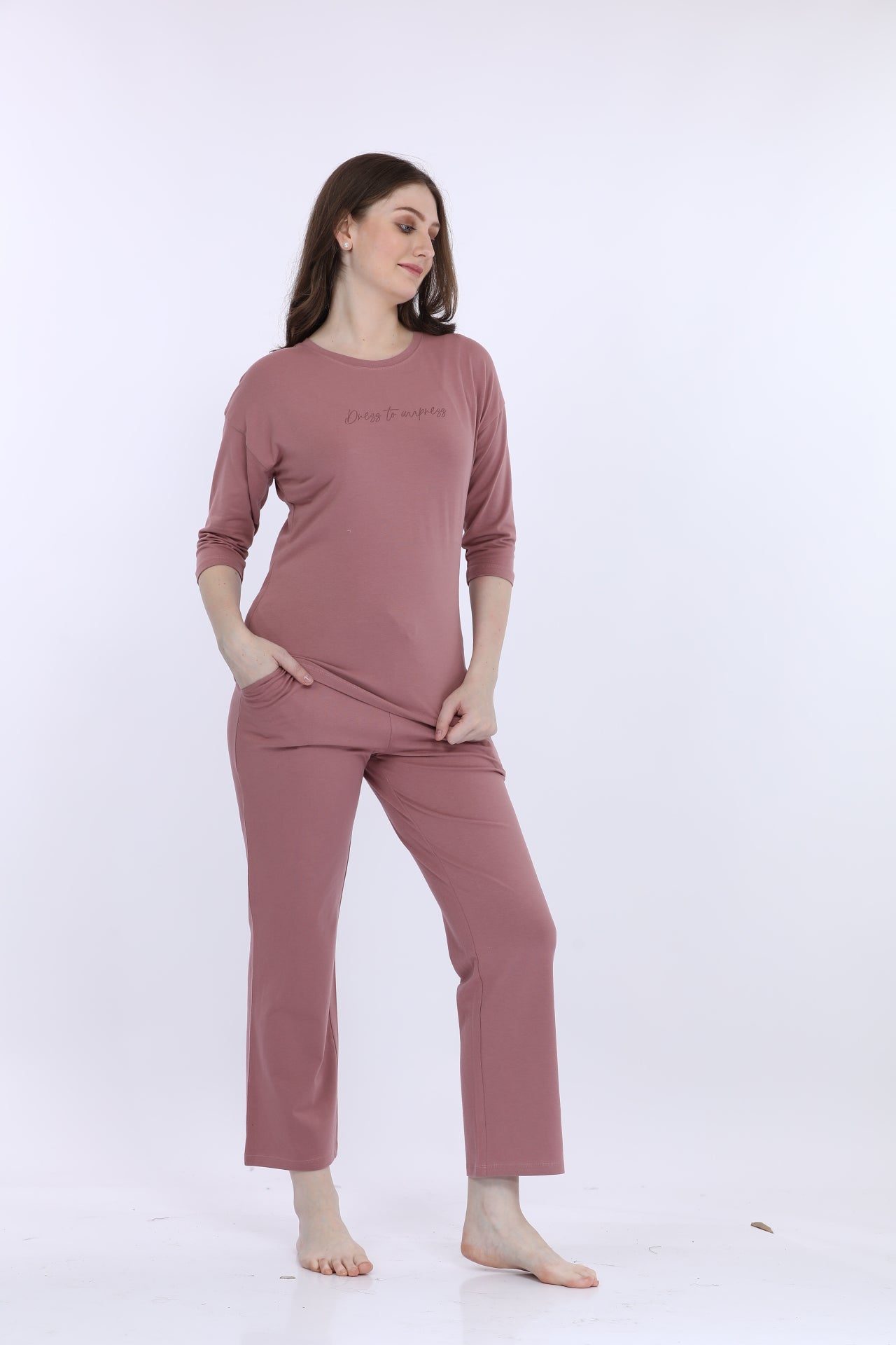 Maysixty® Women Cotton Spandex Pink Solid 3/Th Sleeve Fashion Co-Ord Set