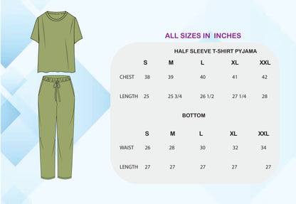 Round Neck Green Half Sleeve T shirt & Pyjama Set