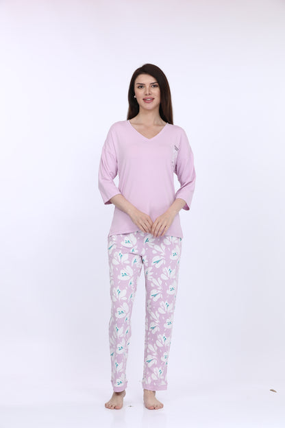 Maysixty® Women Viscose Spandex Pink Printed Full Sleeve T-Shirt With Pyjama