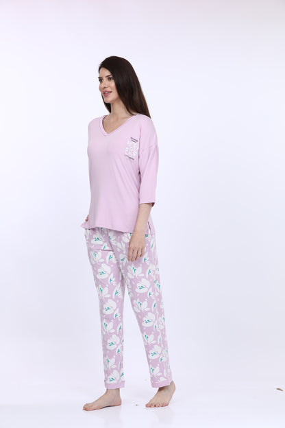 Maysixty® Women Viscose Spandex Pink Printed Full Sleeve T-Shirt With Pyjama