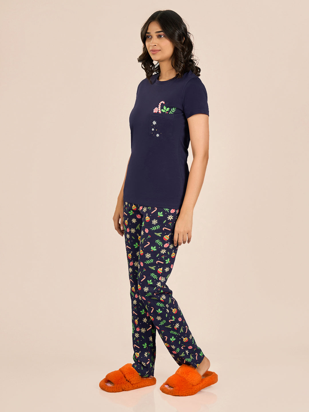 Navy Blue Round Neck Shorts Sleeve Printed Top & Pyjama Set