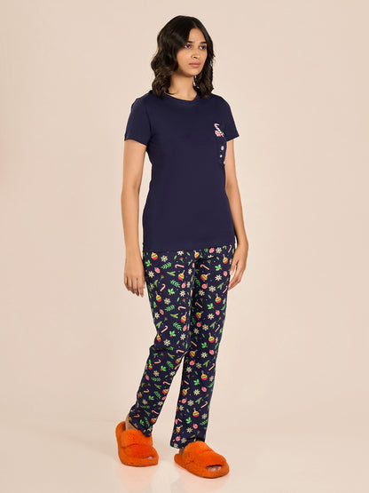 Navy Blue Round Neck Shorts Sleeve Printed Top & Pyjama Set