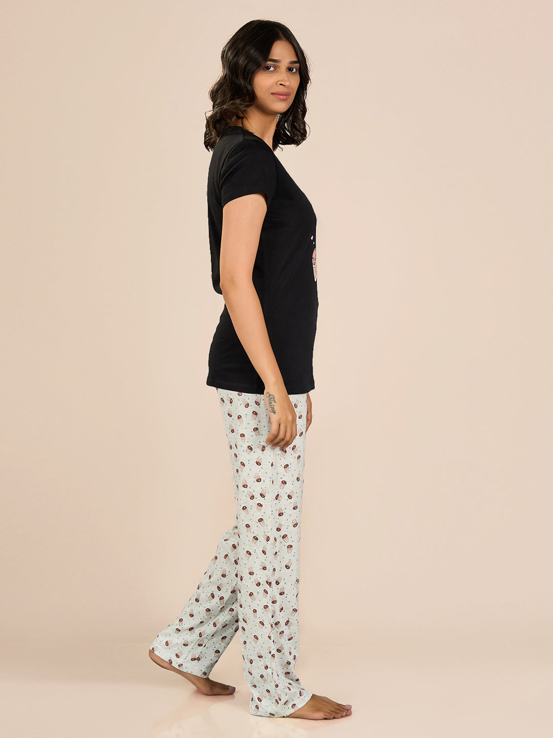 Black Round Neck Shorts Sleeve Printed Top & Pyjama Set