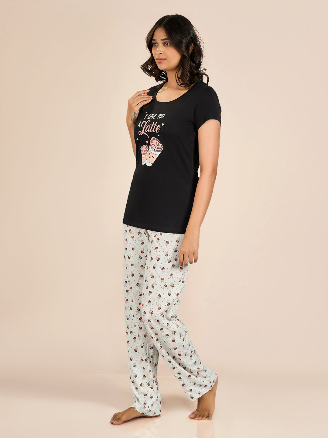 Black Round Neck Shorts Sleeve Printed Top & Pyjama Set