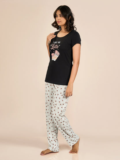 Black Round Neck Shorts Sleeve Printed Top & Pyjama Set