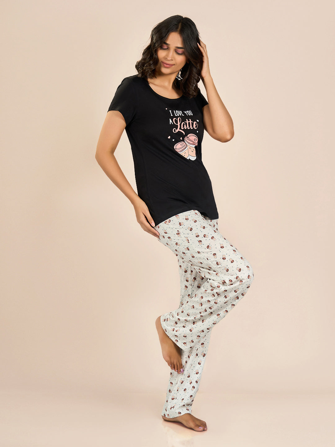 Black Round Neck Shorts Sleeve Printed Top & Pyjama Set