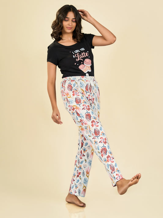 White Printed Cotton Pyjama for Women