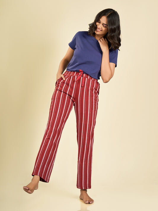 Red Striped Cotton Pyjama for Women