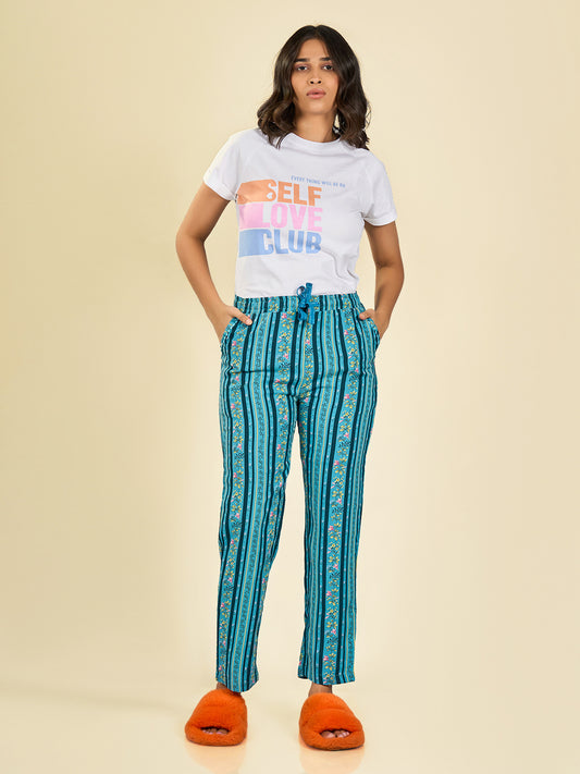 Blue Rayon Stripes Pyjama for Women