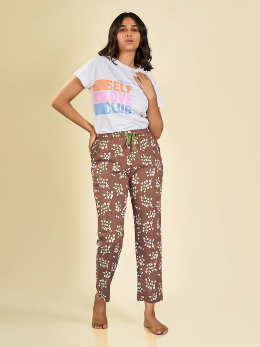 Brown Floral Printed Pyjama for Women
