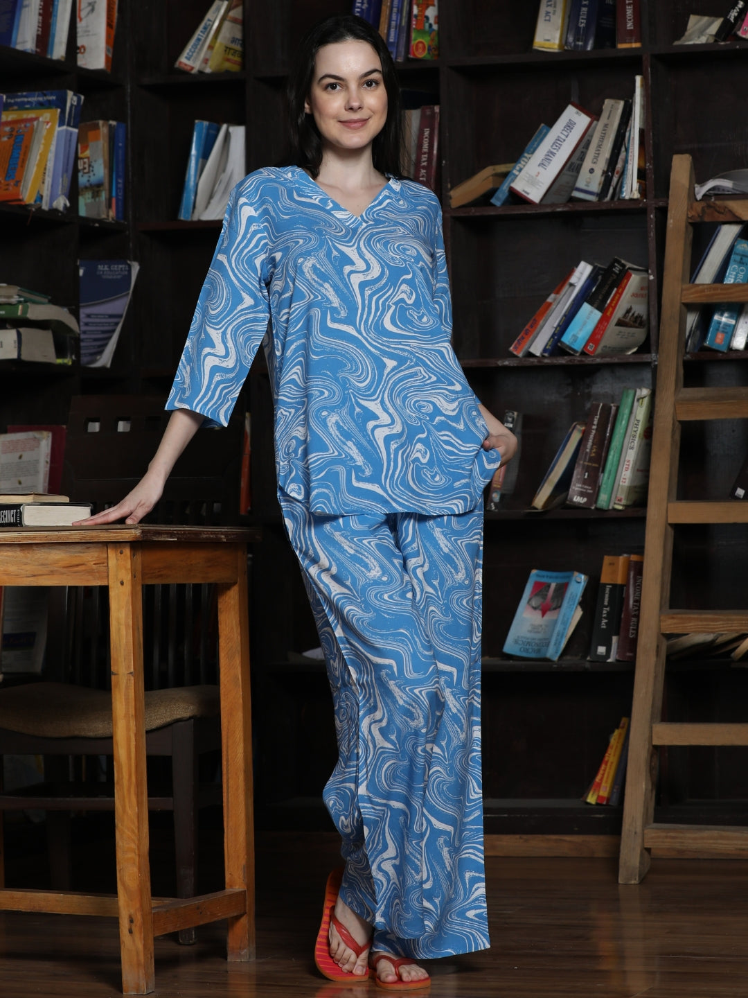 V Neck Blue 3/4Th Sleeve Printed Co-Ord Set