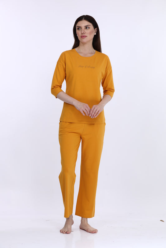 Maysixty® Women Cotton Spandex Yellow Solid 3/Th Sleeve Fashion Co-Ord Set