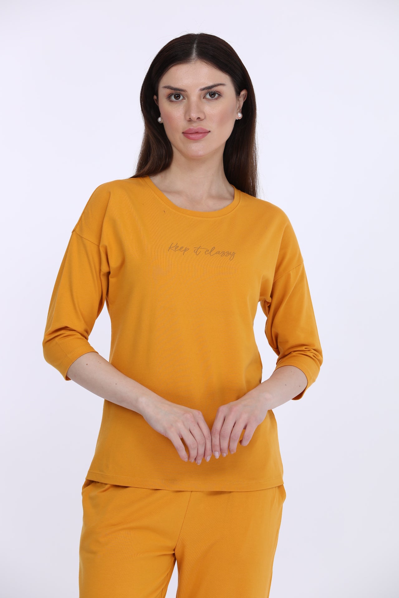 Maysixty® Women Cotton Spandex Yellow Solid 3/Th Sleeve Fashion Co-Ord Set