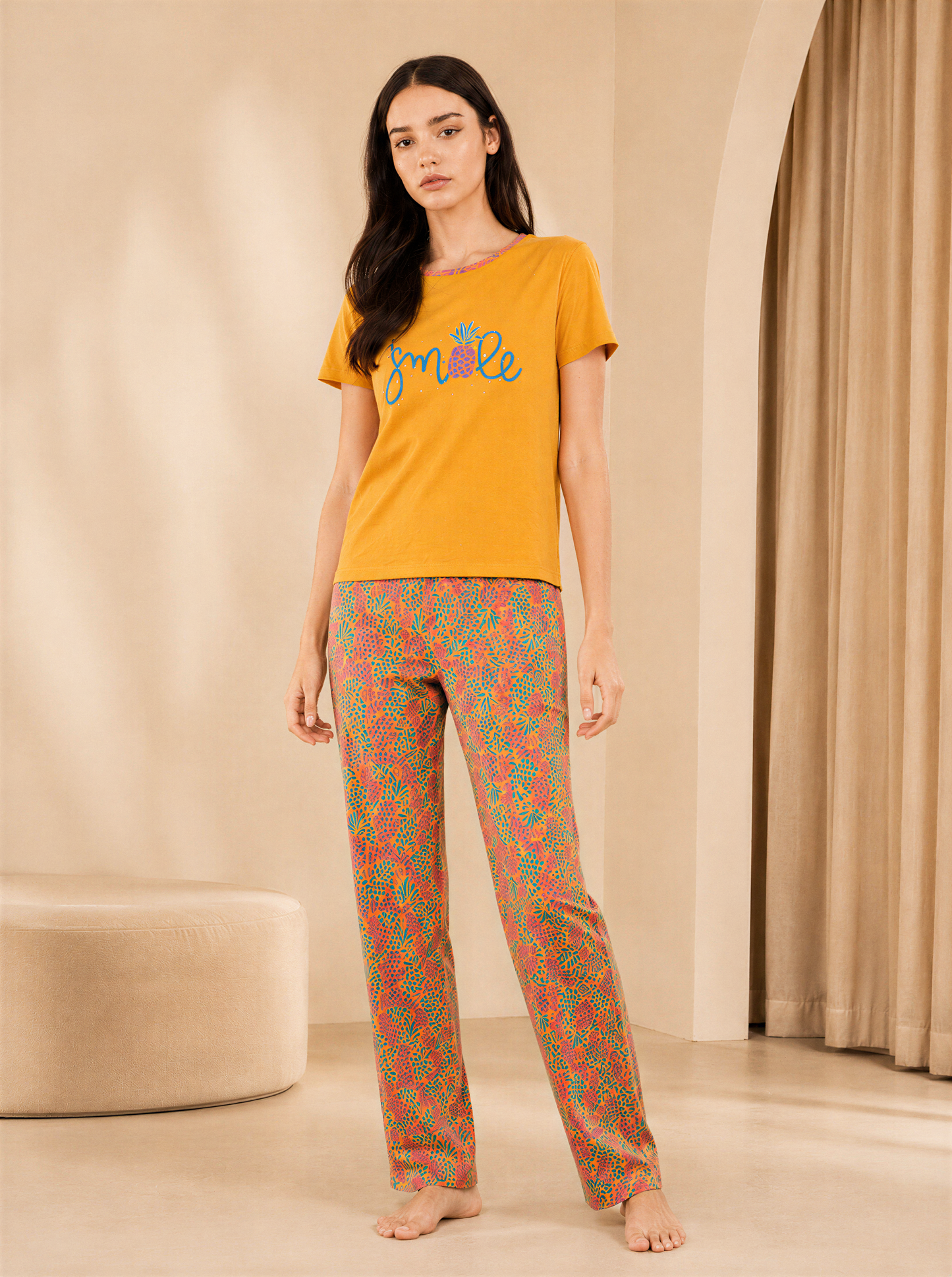 Yellow Printed T-Shirt & Pyjama Set